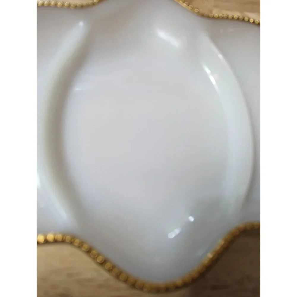 Fire King Milk Glass Divided relish tray gold‎ tone hobnail rim 11x8 inch